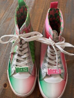 High-Top Athletic Sneakers in Pink & Green with Silver Accents